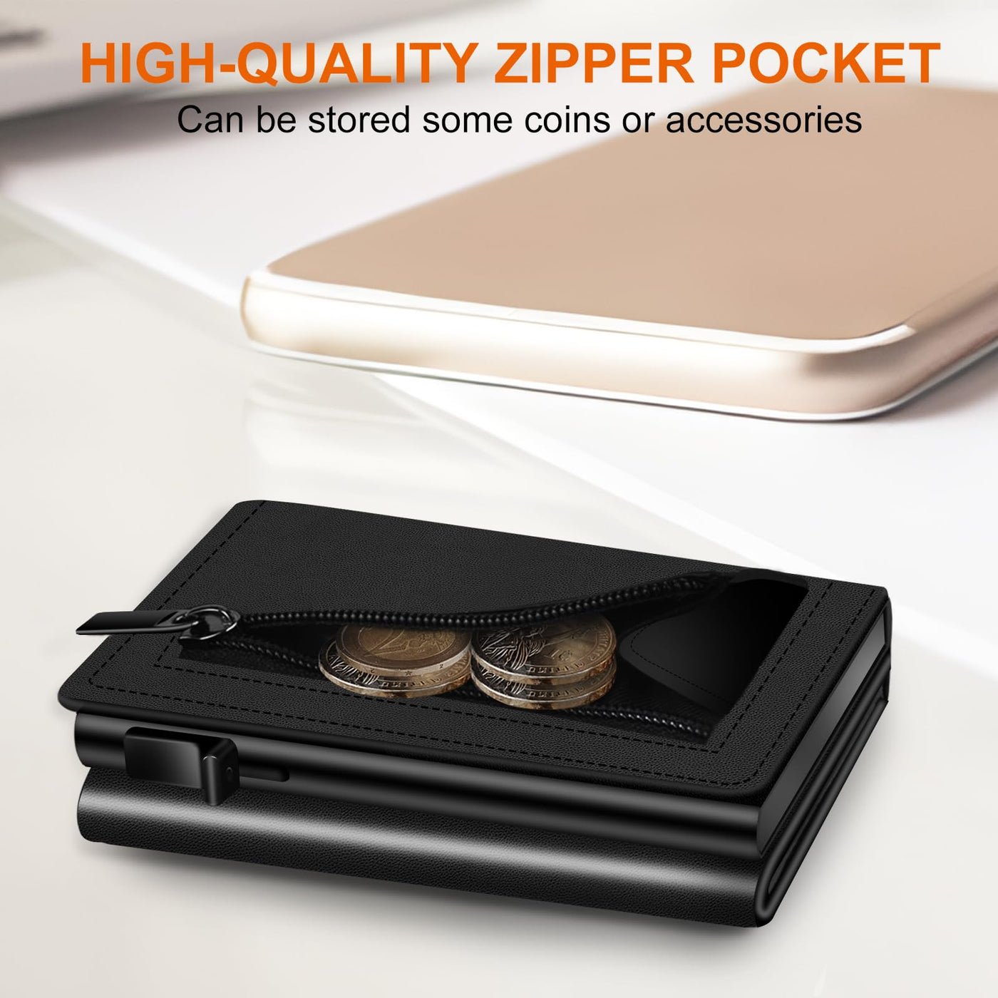 Card case, slim wallet with magnetic closure and coin pocket, pop-up smart wallet made of carbon fiber and credit card case for 9 to 14 cards