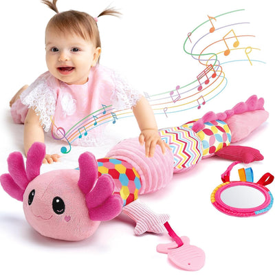 Musical axolotl plush with rattle, teething ring, mirror, squeaker, crinkle baby