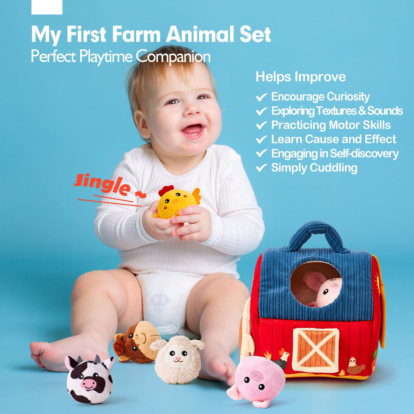 Baby toy - Stuffed farm animals with barn, rattle, mirror - Busy farm animal sorting sensory toy for toddlers