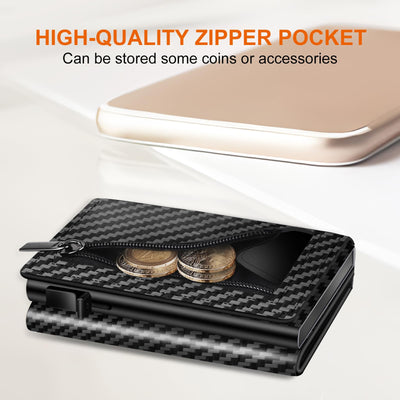 Card case, slim wallet with magnetic closure and coin pocket, pop-up smart wallet made of carbon fiber and credit card case for 9 to 14 cards