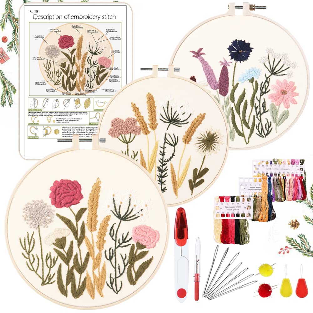 Beginner embroidery kit embroidery kit, floral design plants cross stitch kit starter tools kit with 3 pieces plastic embroidery hoop, for DIY art, craft