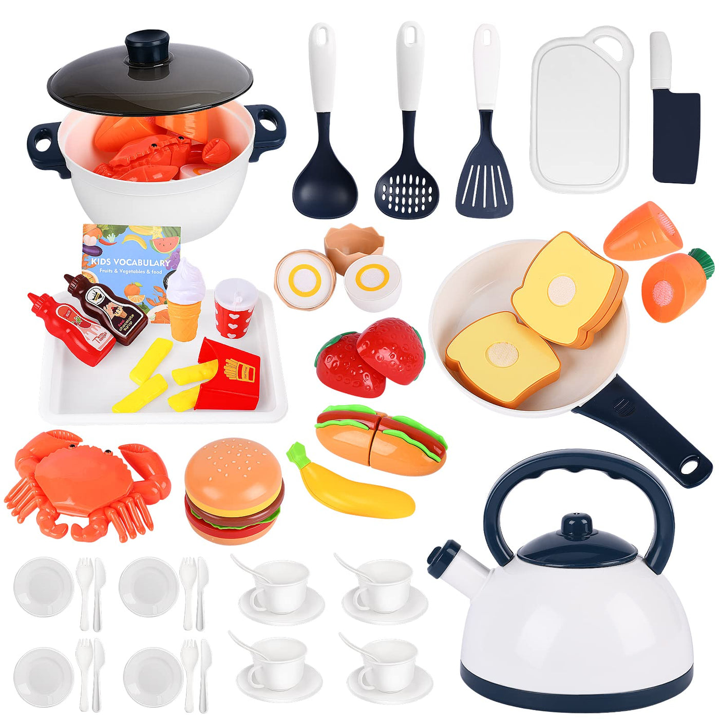 Kids kitchen accessories, 47PCS kitchen toy set kitchen accessories kids fruit vegetables food kitchen role play cookware pots and pans