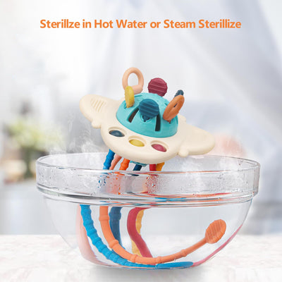 Jouet sensoriel bébé, anneau de dentition bébé, cordon de traction en silicone, forme avion, suspendu