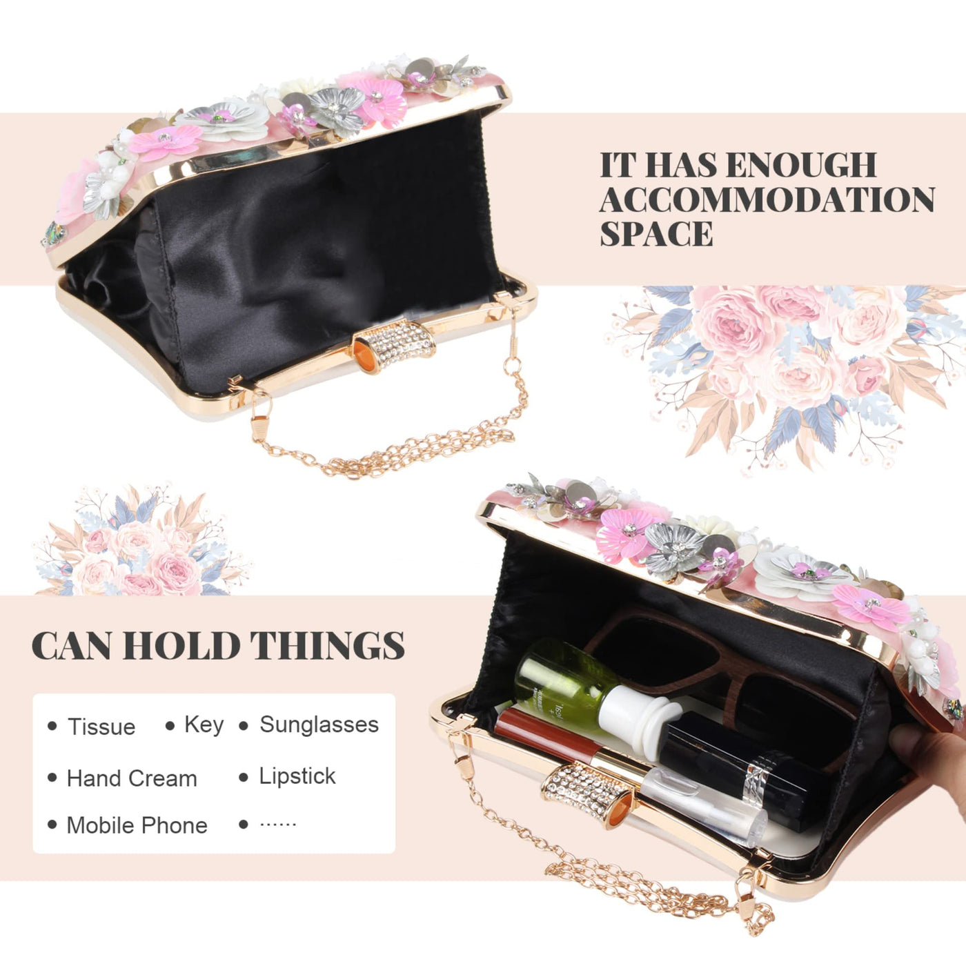 Blumen Clutch Abendtaschen mit bunten Blumen Metall Strass Abend Clutch