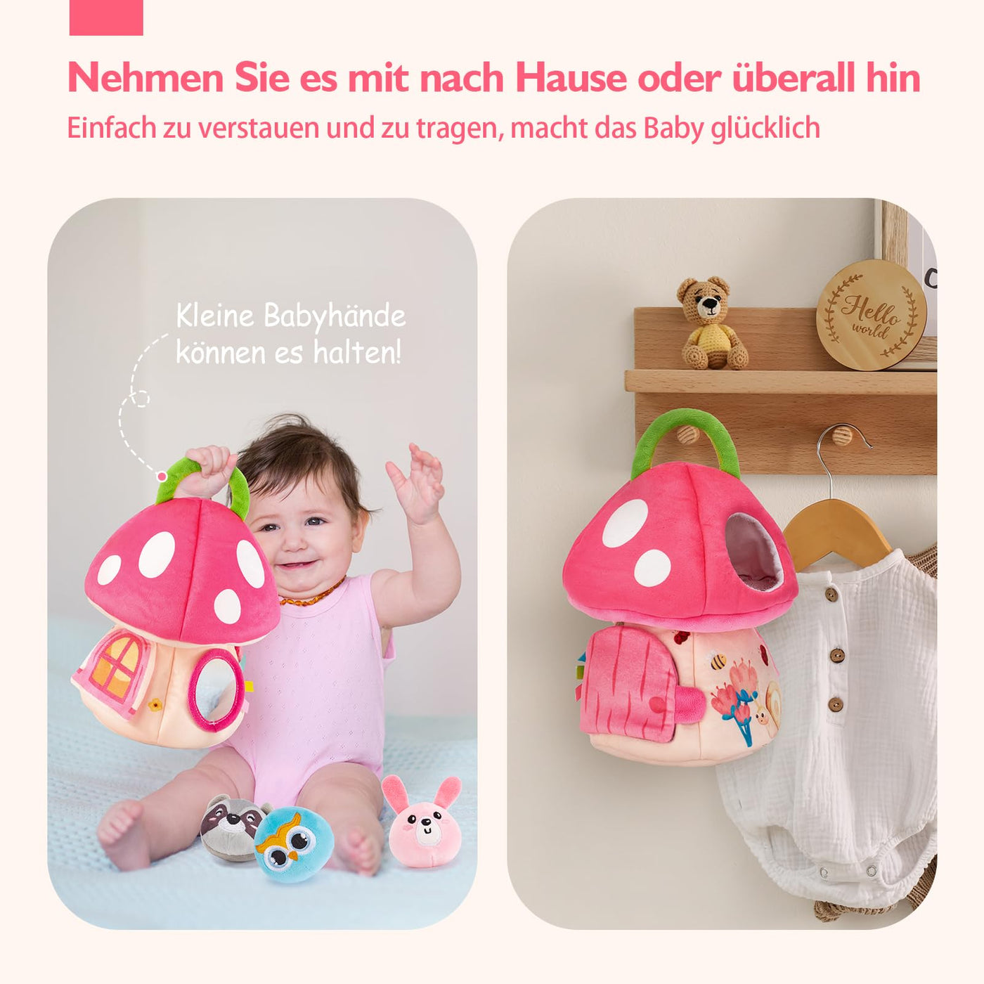 Maison champignon avec animaux, hochet, papier crépon, miroir, jouet éducatif pour bébés Favorise les capacités sensorielles et motrices