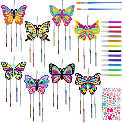 Butterfly wind chime craft set for children, double-sided creative wood painting for children with diamond sticker brushes