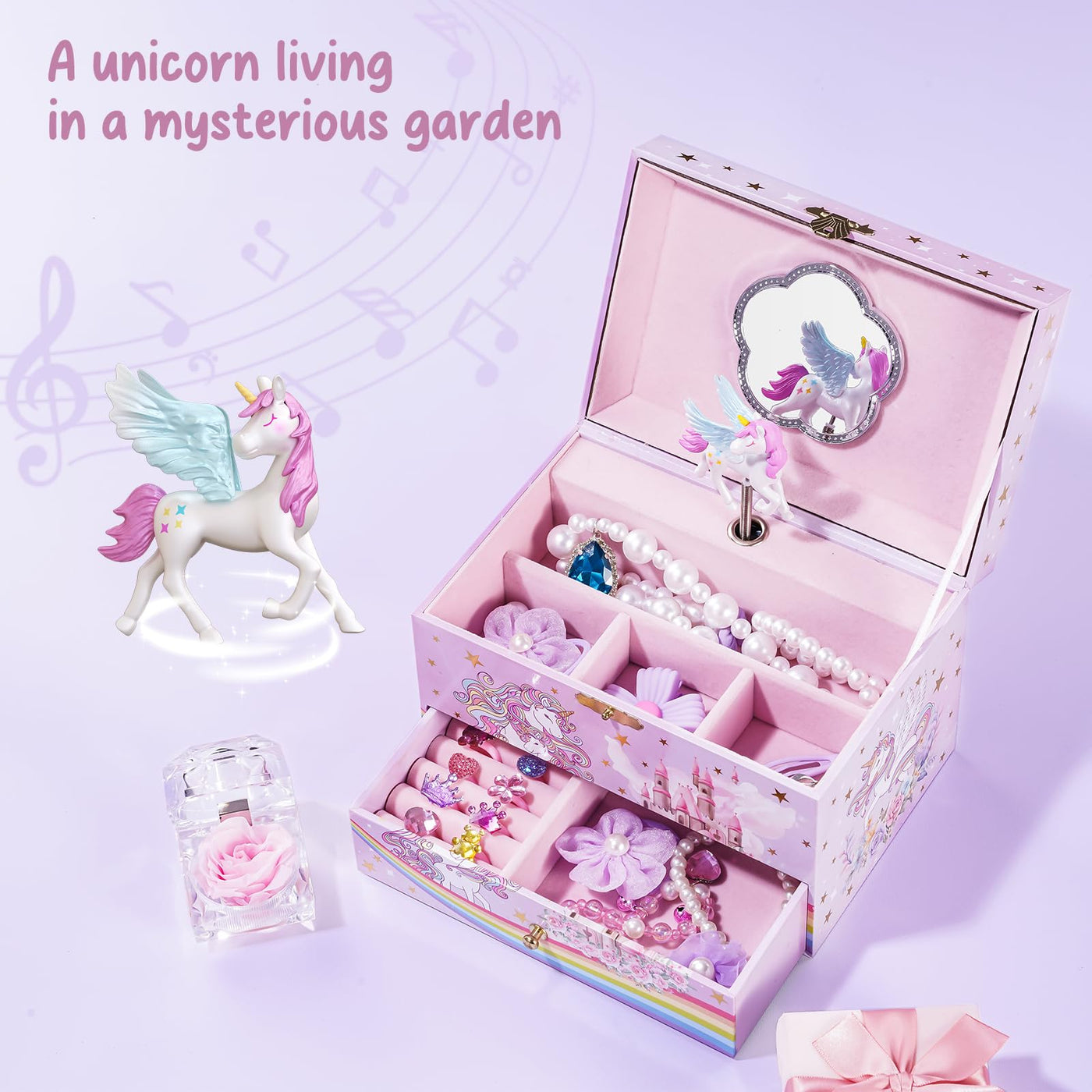 Boîte à musique pour enfants boîte à bijoux avec boîte à musique licorne et fleurs préservées, boîte à bijoux avec mélodie