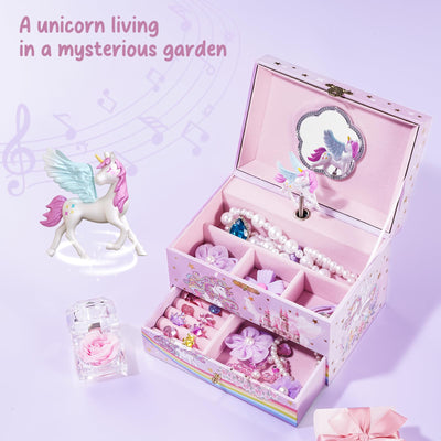 Boîte à musique pour enfants boîte à bijoux avec boîte à musique licorne et fleurs préservées, boîte à bijoux avec mélodie