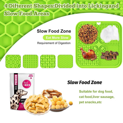 Tapis de léchage pour chiens avec ventouses, vert et gris, mangeoire lente en silicone pour soulager l'anxiété des chiens, jouet alimentaire pour chiens, durable et antidérapant, idéal pour les chiots et les animaux de compagnie.