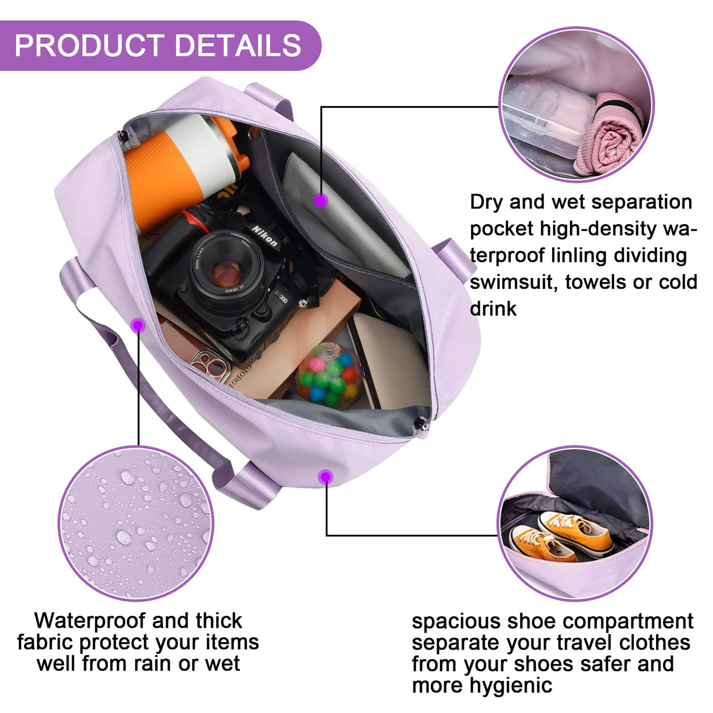 Sports bag Foldable travel bag with shoe compartment and wet compartment, water-repellent