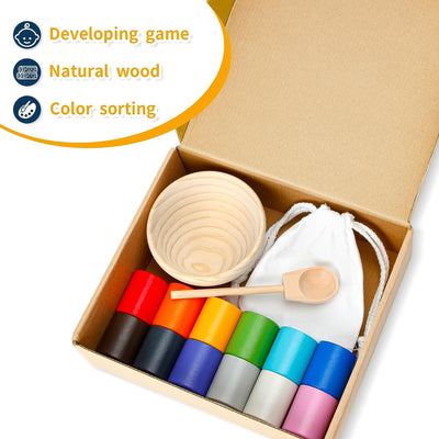 Wooden sorting stacking toy, balls rainbow wooden balls in cups, baby toys for preschool for color sorting and counting