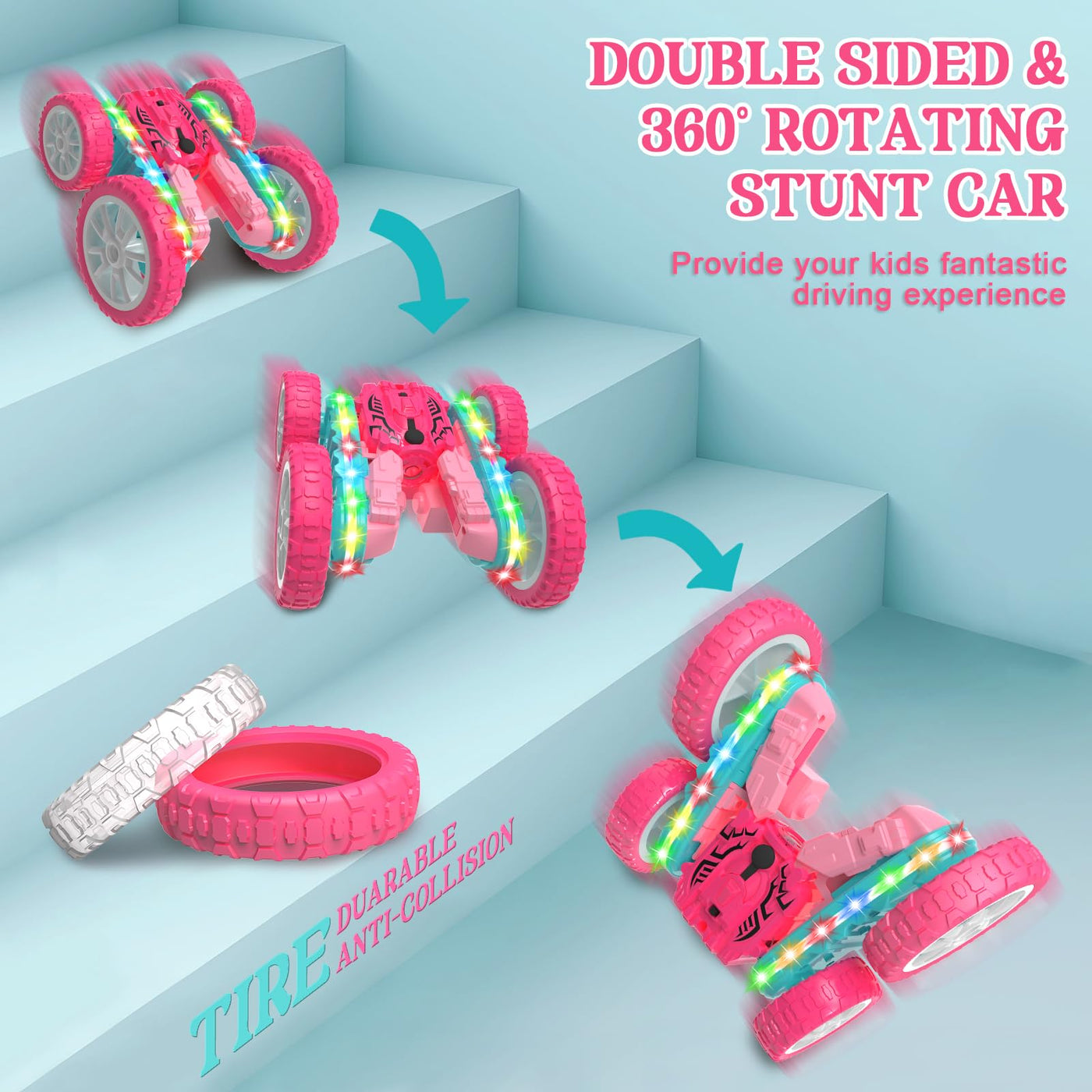 Voiture Télécommandée 2,4 GHz 4WD avec Phares, Jouet de Voiture RC à Bascule à 360° pour Filles de 3 à 12 Ans