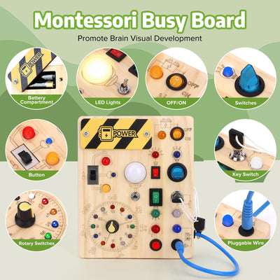 Busy Board toy Activity Board toy Wooden toy with 10 switches 23 LED lights