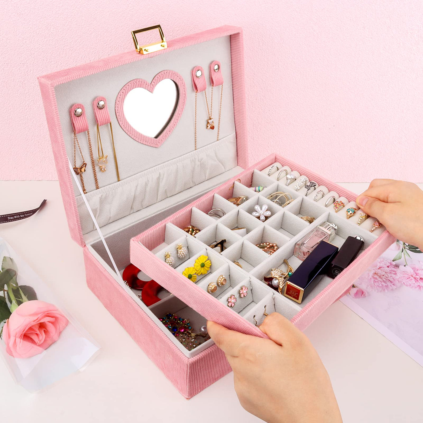 Boîte à bijoux, grande boîte à bijoux avec miroir pour boîte à bijoux en velours