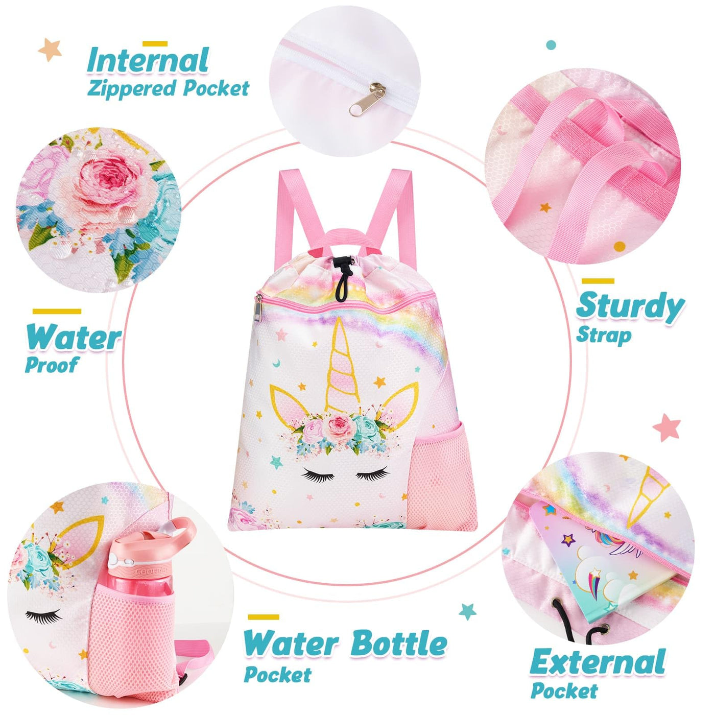 Backpack kids - Waterproof gym bag string backpack sports school beach travel swimming gym bag with zipper pocket water bottle