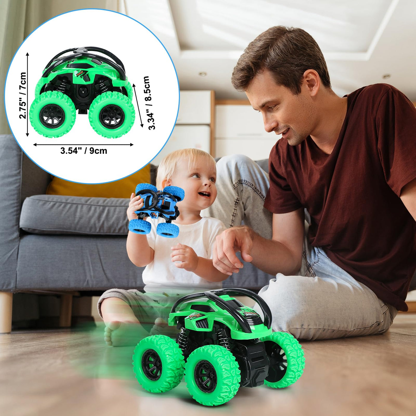 Pack de 2 Monster Truck Voiture à Remonter Jouet pour Enfants, Rétraction par Friction, Véhicule à Inertie à Rotation à 360°, Jouet de Voiture pour Bébé Enfants à partir de 3 Ans
