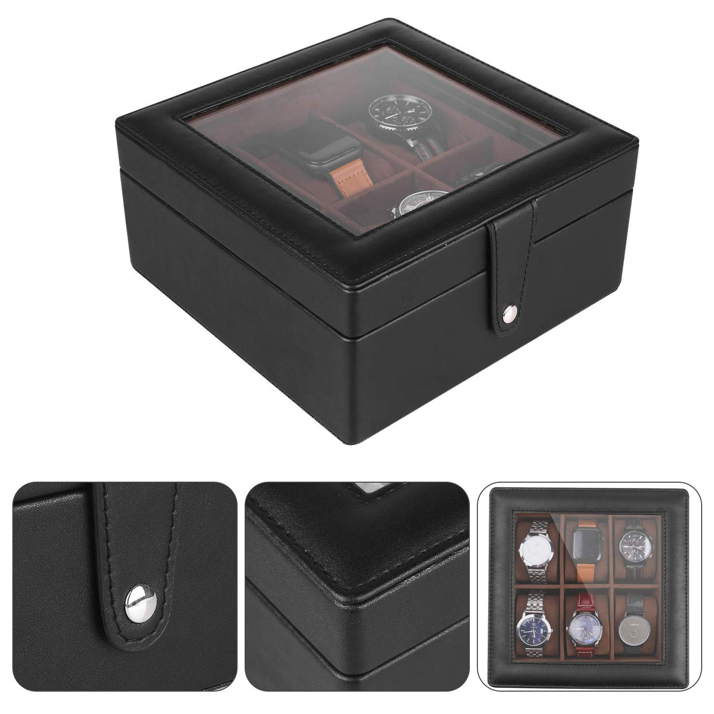 Boîte à montres à 6 compartiments avec couvercle en verre transparent et coussin en velours amovible