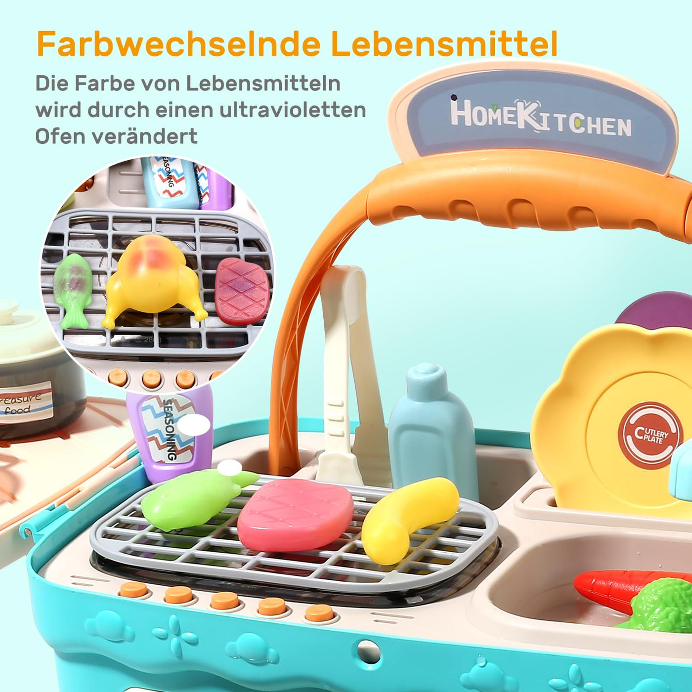 Kinderküchenspielzeug Picknick-Set, tragbares Picknickkorb-Spielzeug mit Musik und Lichtern, farbwechselndes Spielfutter, Küchenspüle, Küchenspiel
