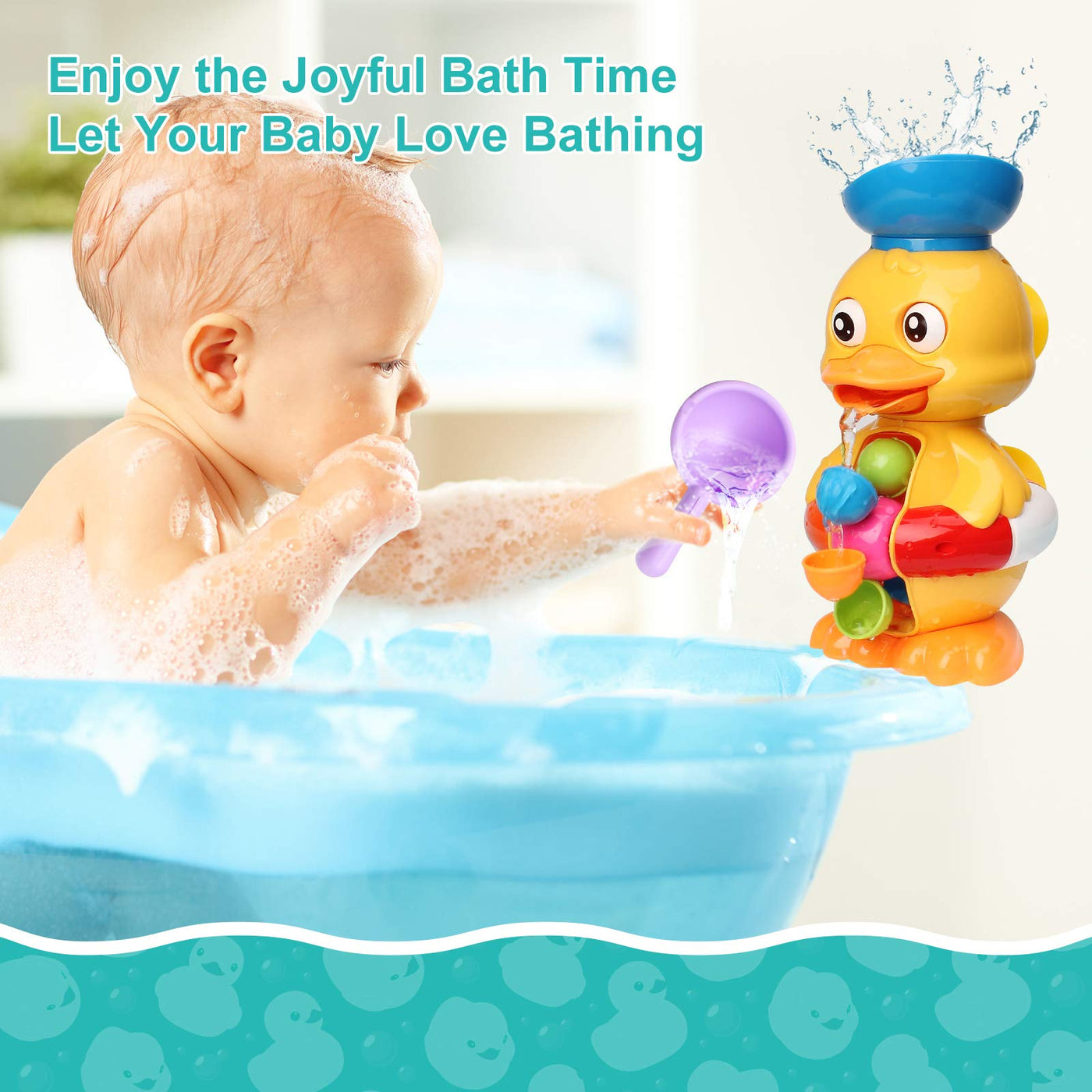 Toddler duck bath toy with water wheel & rotating eyes, children's bath toy with suction cups/water scoop