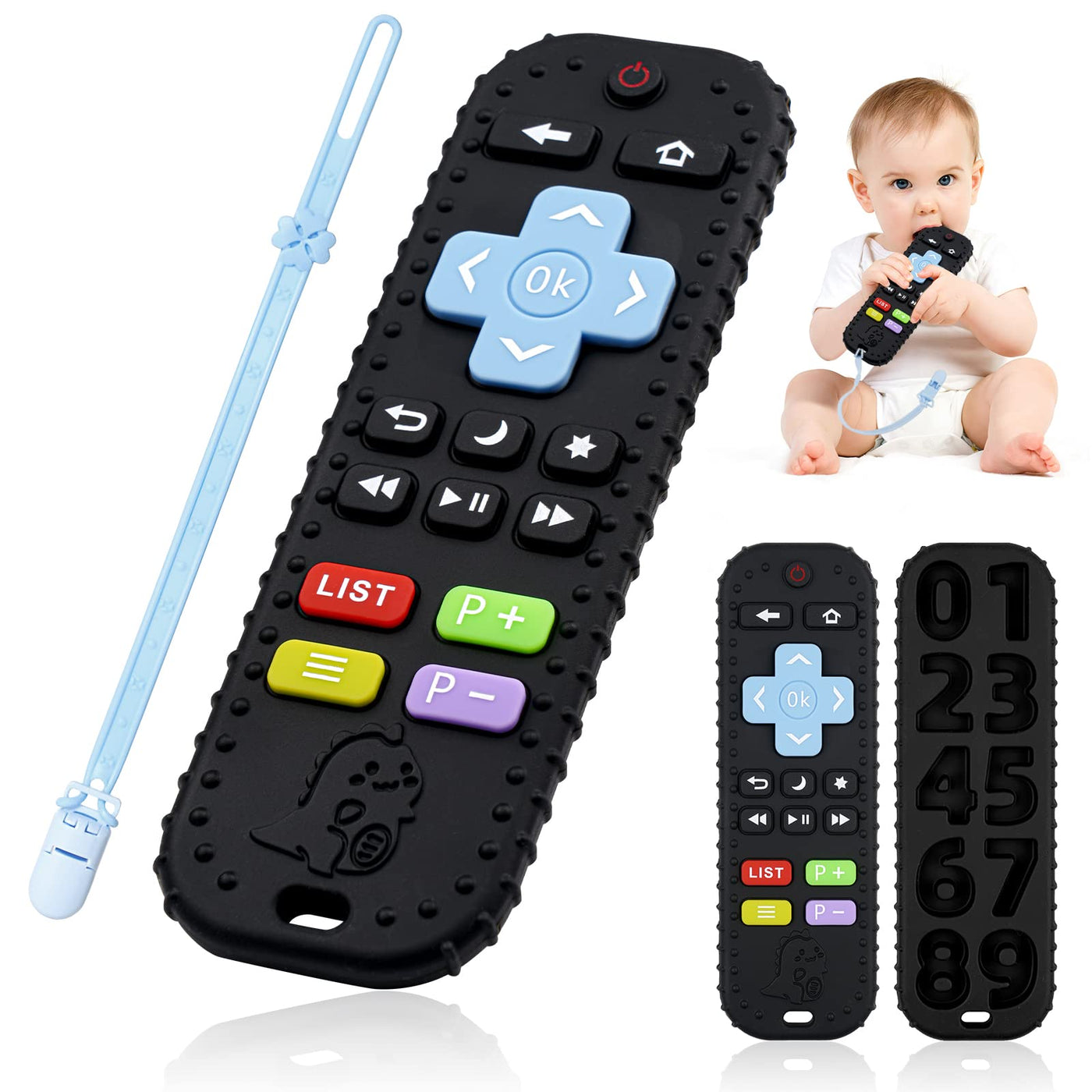 Dentition pour bébé avec télécommande, aide à la dentition en silicone sans BPA avec chaîne de tétine en silicone pour bébé