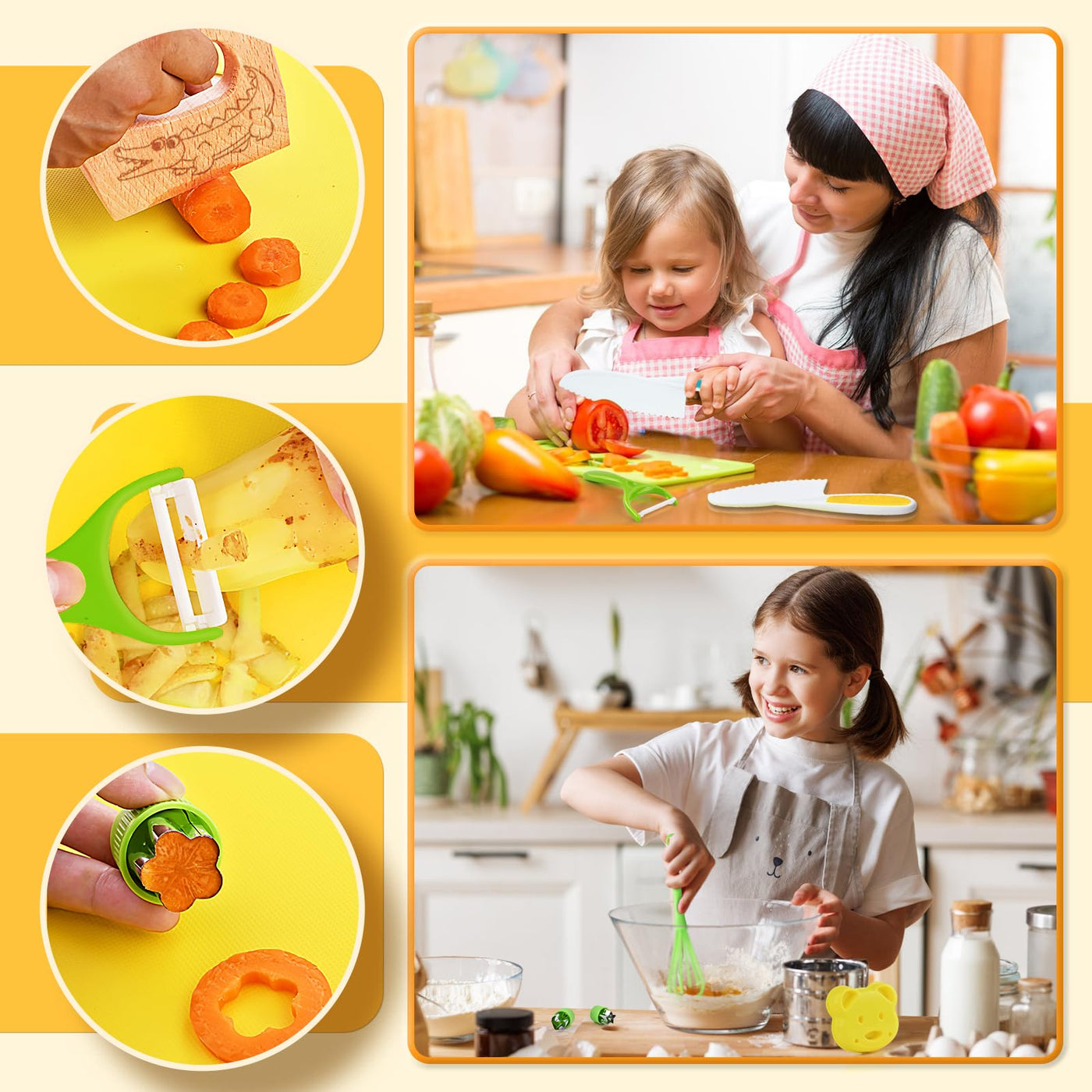 Couteaux pour enfants - Set de couteaux de cuisine de sécurité pour enfants de 17 pièces pour la vraie cuisine avec coupe-légumes, couteau en bois, planche à découper, etc.