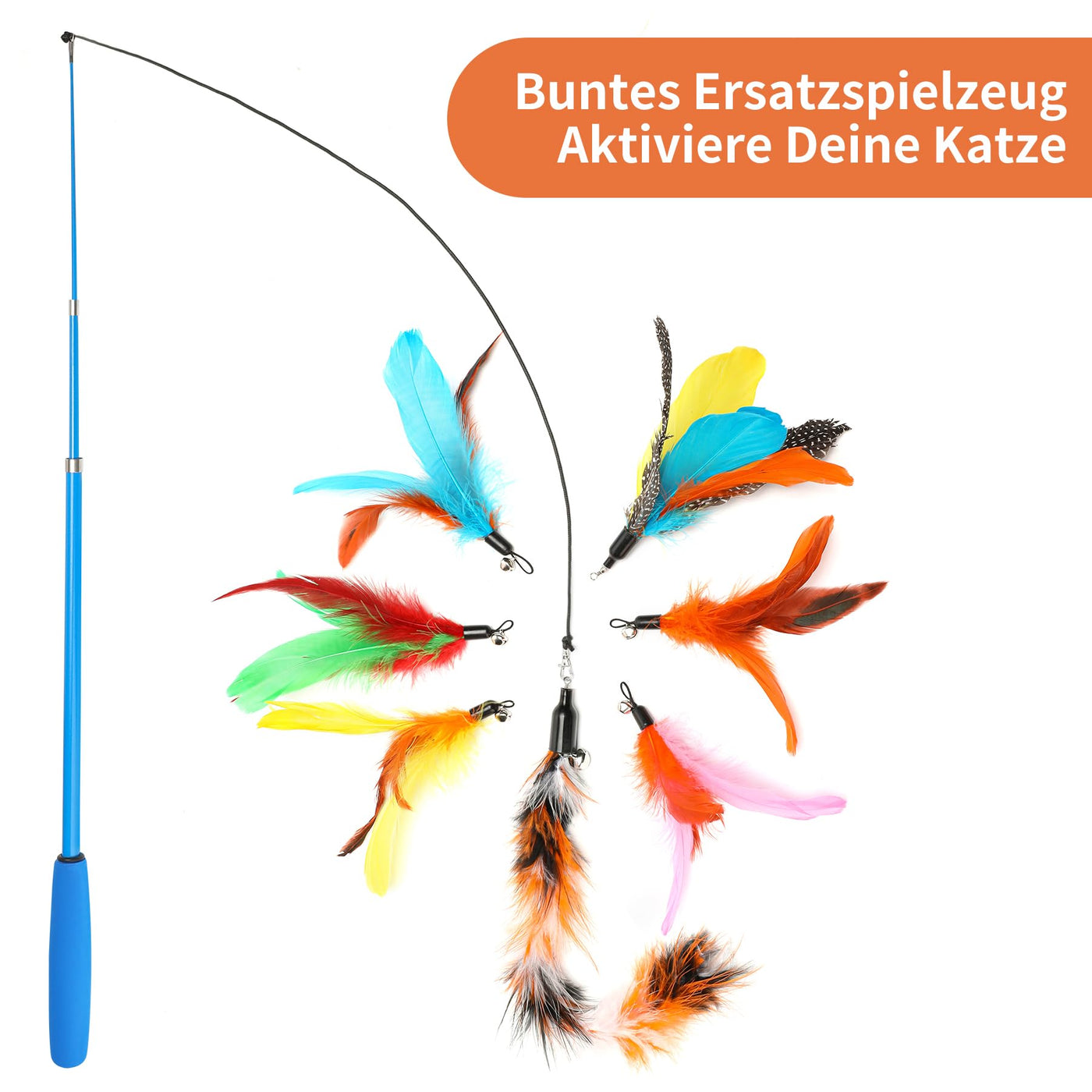 Jouet en Plumes, 16 Pièces, Jouet pour Chat avec 2 Tiges de Chat Interactives Rétractables et 14 Pièces de Remplacement de Plumes,Insectes, Poissons avec Cloches, Jouet pour Chat à Plumes avec Sac de Rangement