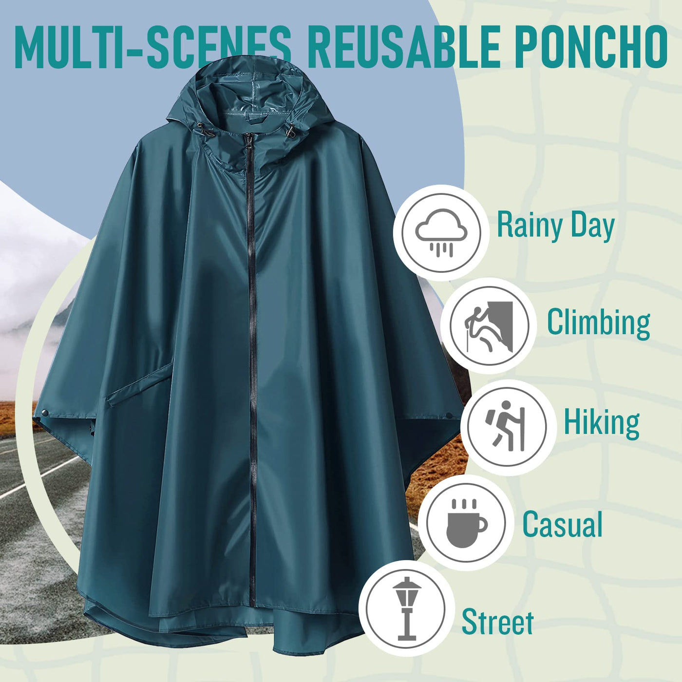 Rain cape with hood zipper, reusable raincoat, rain poncho bike hiking