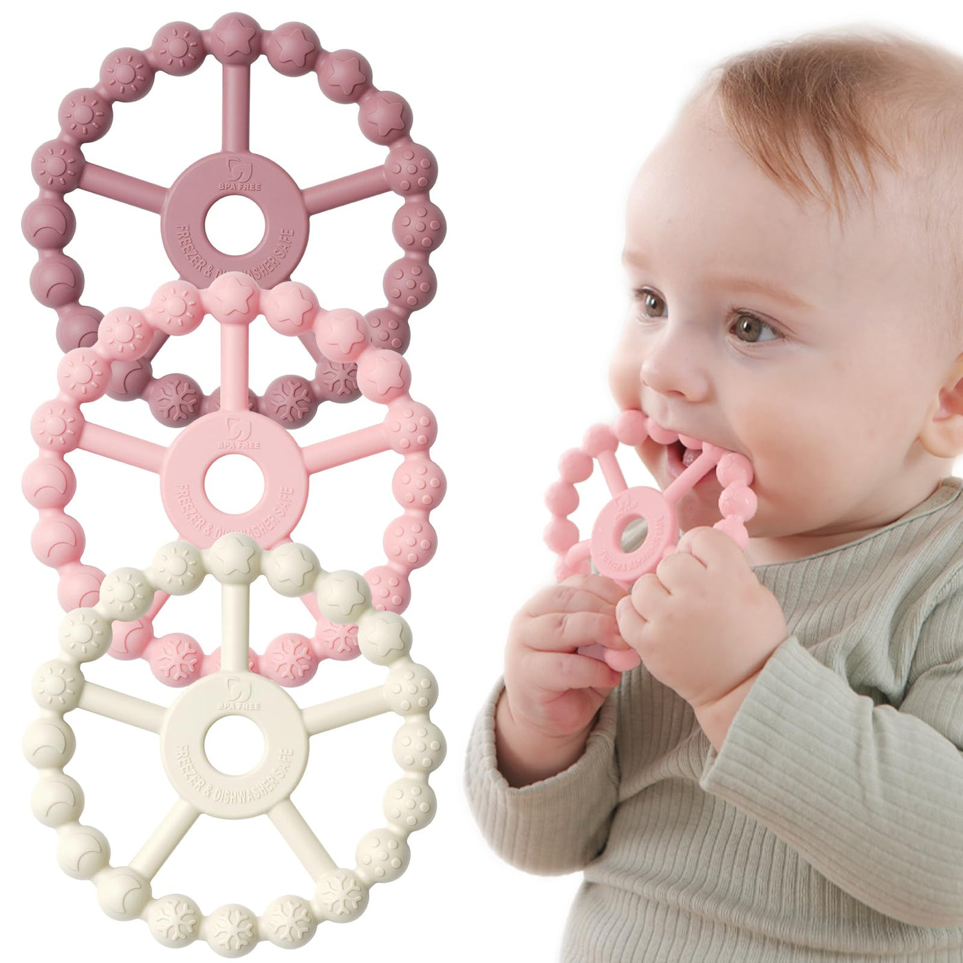 Beißring Baby, 3er-Pack Beißring Baby Spielzeug Kühlung, Silikon Greifring