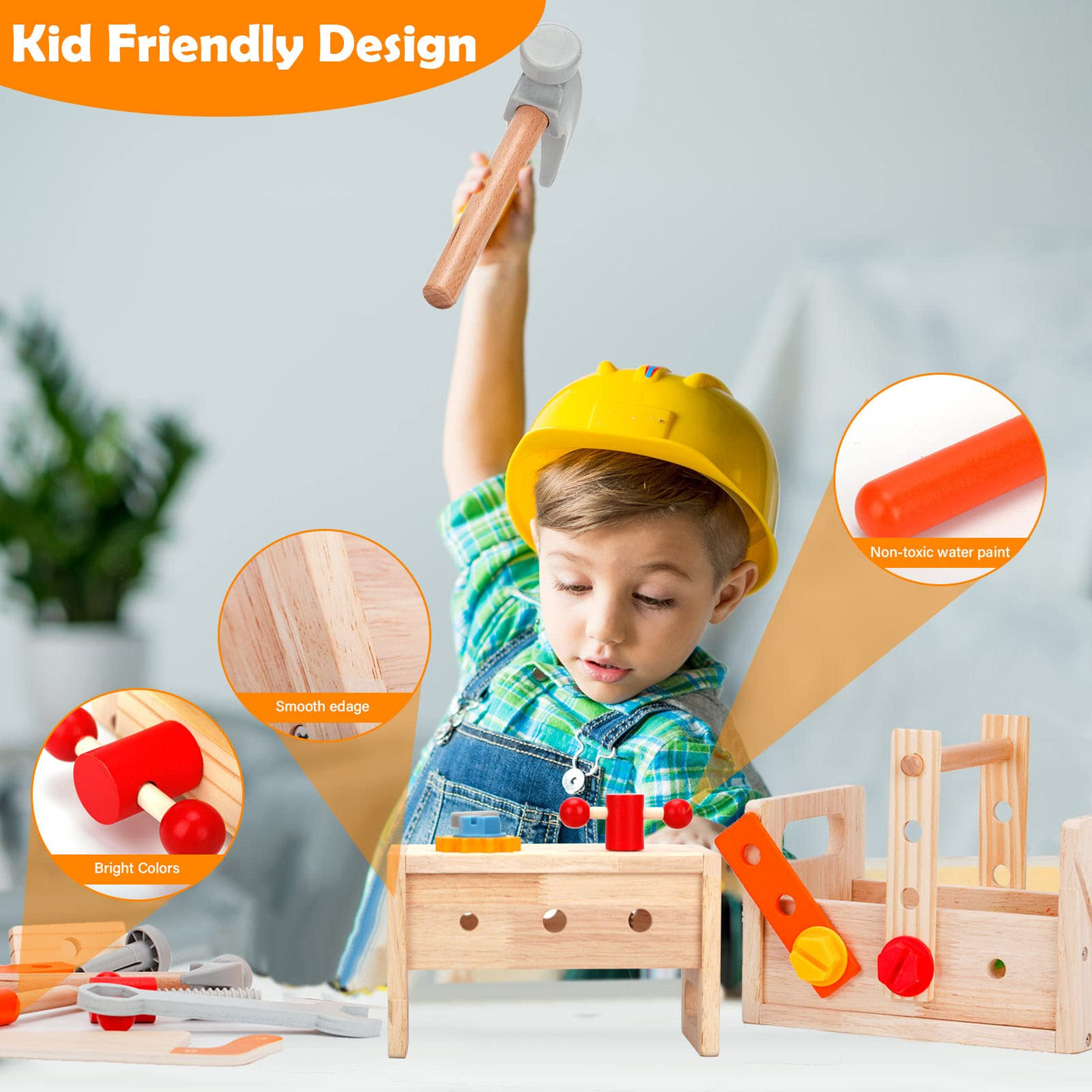 Wooden toy tool box for children, 29 pieces tool children wooden construction kit, DIY tool box