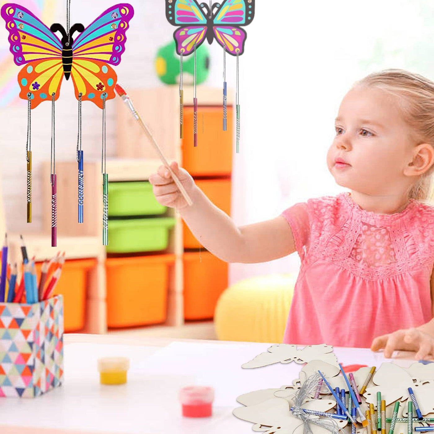 Butterfly wind chime craft set for children, double-sided creative wood painting for children with diamond sticker brushes