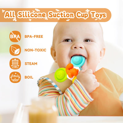 Suction cup toy baby, 3 pieces silicone baby bath toy with rotating suction cup, fidget spinner sensory toy