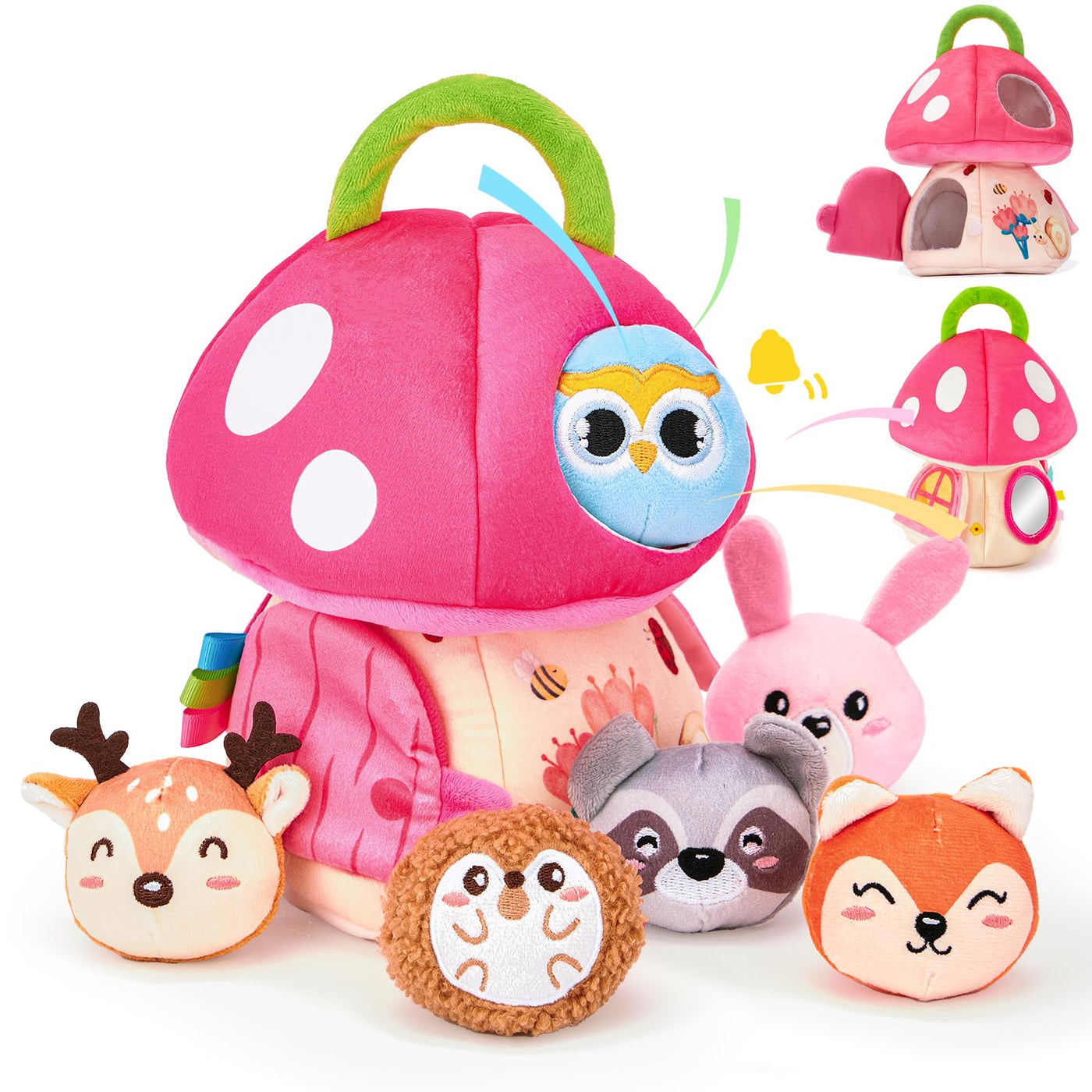 Maison champignon avec animaux, hochet, papier crépon, miroir, jouet éducatif pour bébés Favorise les capacités sensorielles et motrices