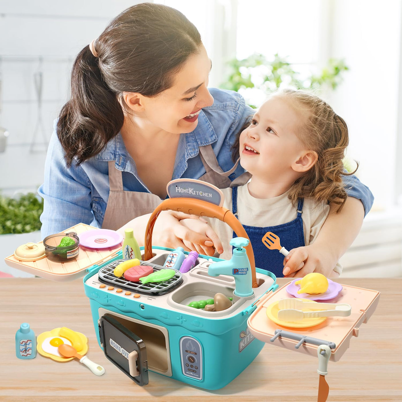 Kinderküchenspielzeug Picknick-Set, tragbares Picknickkorb-Spielzeug mit Musik und Lichtern, farbwechselndes Spielfutter, Küchenspüle, Küchenspiel