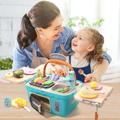 Kinderküchenspielzeug Picknick-Set, tragbares Picknickkorb-Spielzeug mit Musik und Lichtern, farbwechselndes Spielfutter, Küchenspüle, Küchenspiel