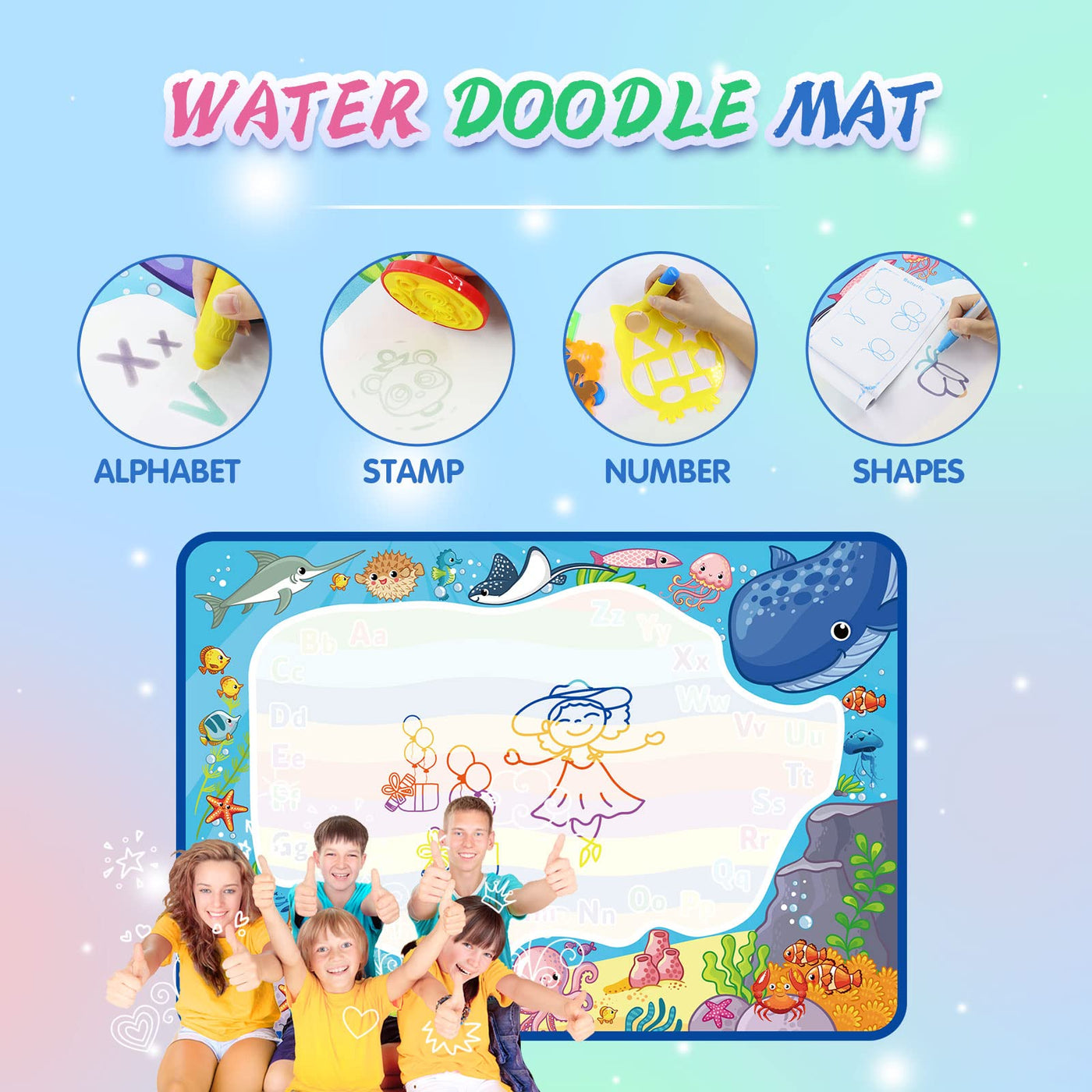 Water Doodle Mat, Aqua Magic Painting Mat Colorful Marine Elements Drawing Painting Mat