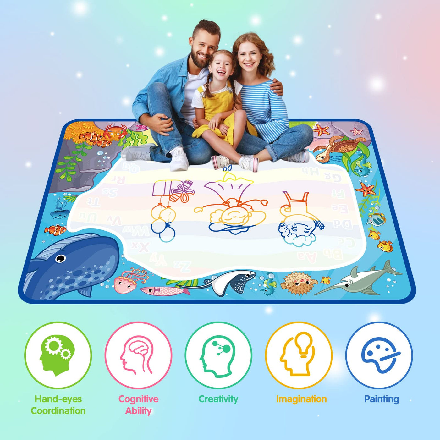 Water Doodle Mat, Aqua Magic Painting Mat Colorful Marine Elements Drawing Painting Mat