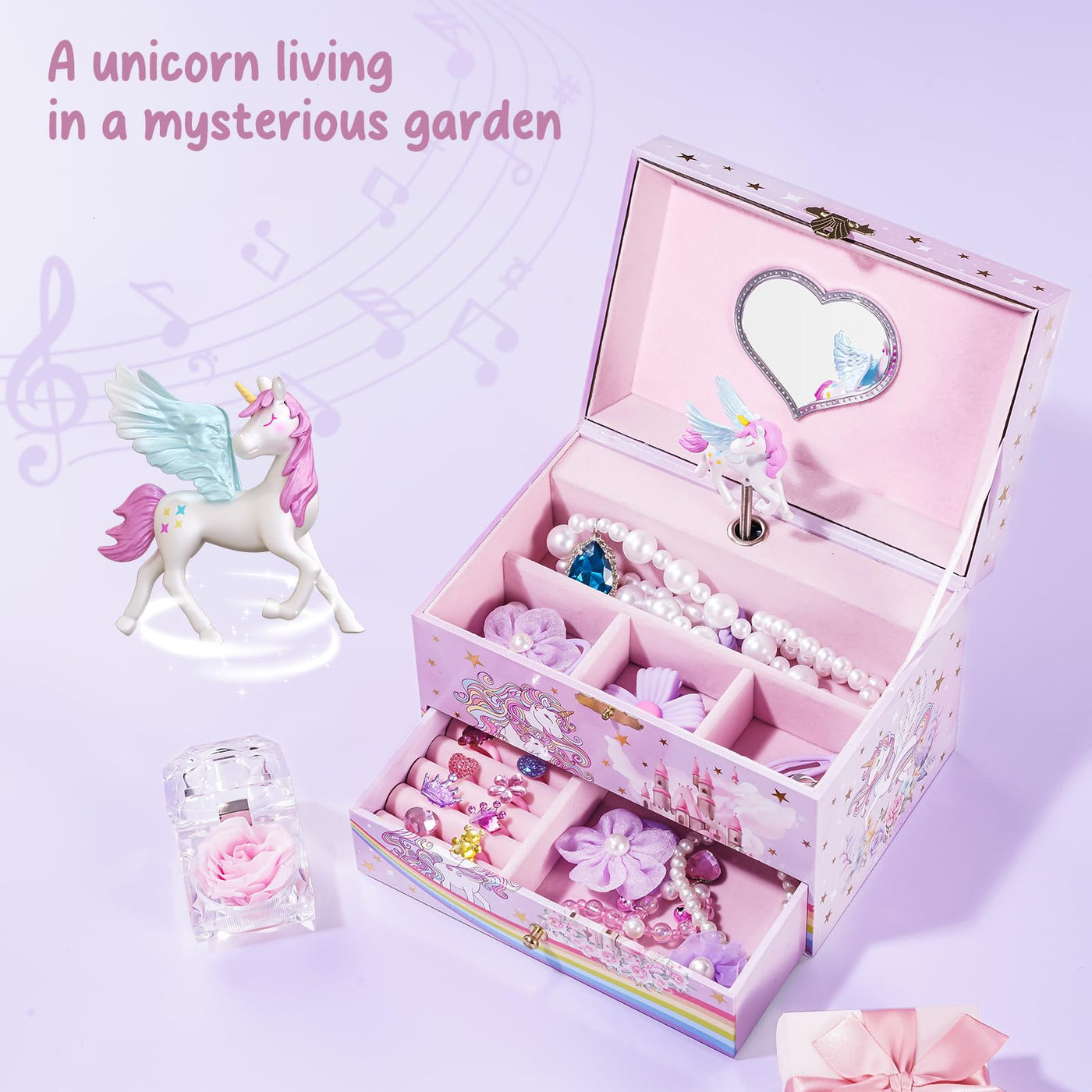 Boîte à musique pour enfants boîte à bijoux avec boîte à musique licorne et fleurs préservées, boîte à bijoux avec mélodie