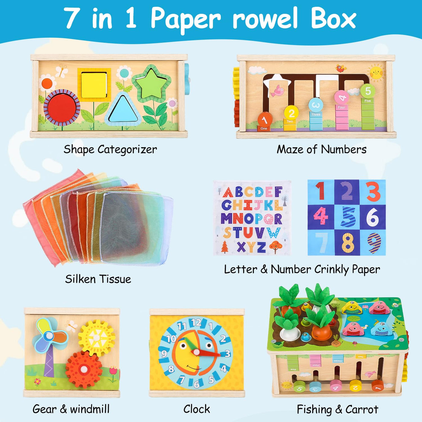 Spielzeug ab 1 2 3 Jahren, 6-in-1 Tissue Box mit Knitterstoff, Motorische Fähigkeiten Würfel Holzspielzeug, Kinderspielzeug aus Holz, Motorische Fähigkeiten Spielzeug ab 1 Jahr
