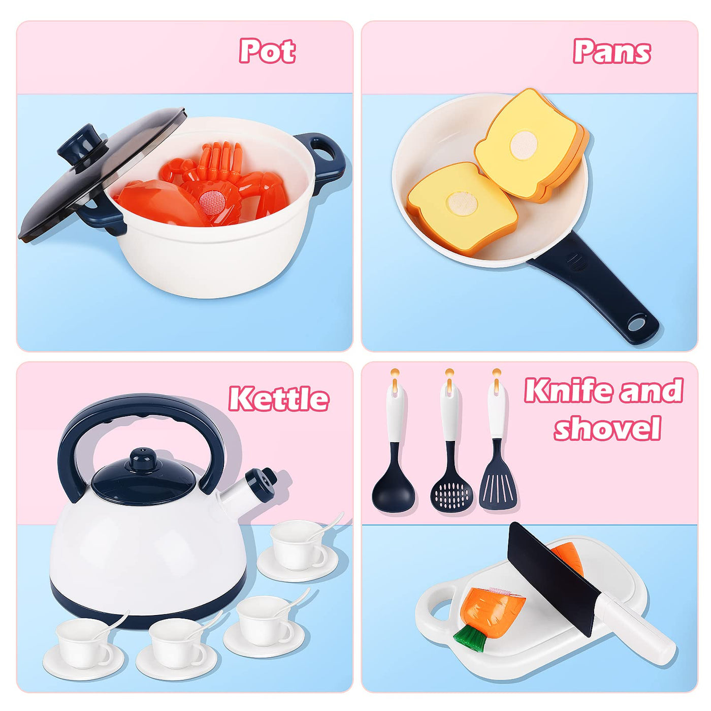 Kids kitchen accessories, 47PCS kitchen toy set kitchen accessories kids fruit vegetables food kitchen role play cookware pots and pans