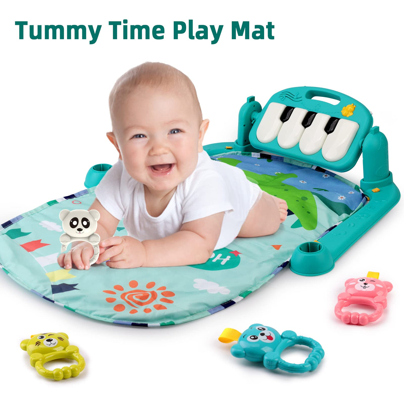 Play blanket with play arch, activity blanket with piano and rattles, multifunctional baby play arch from birth