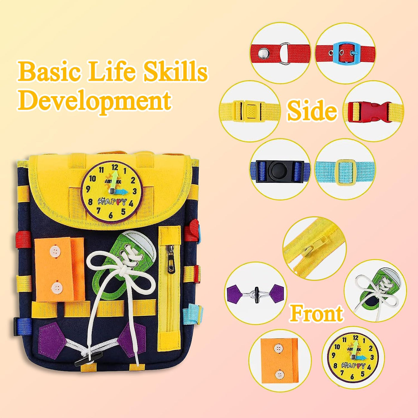 Backpack for toddlers with buckles zippers, -sensory toys, learning activity through play, can be stored and carried on the back, travel toy backpack