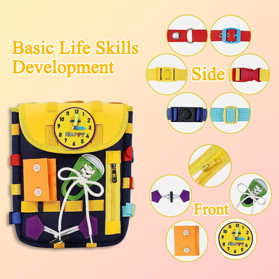 Backpack for toddlers with buckles zippers, -sensory toys, learning activity through play, can be stored and carried on the back, travel toy backpack