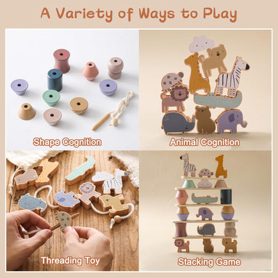 Stringing game, wooden toy for stacking game, motor skills toy for toddlers, building blocks in animal shape