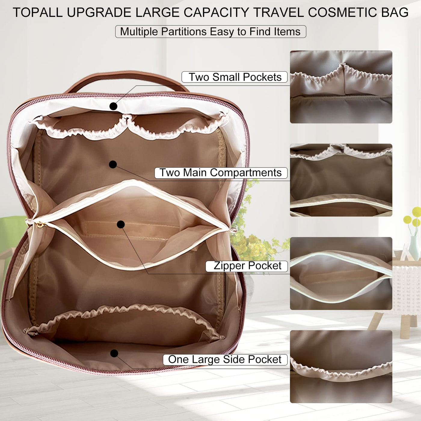 Sac cosmétique de voyage, trousse de beauté en cuir PU, grande trousse de maquillage