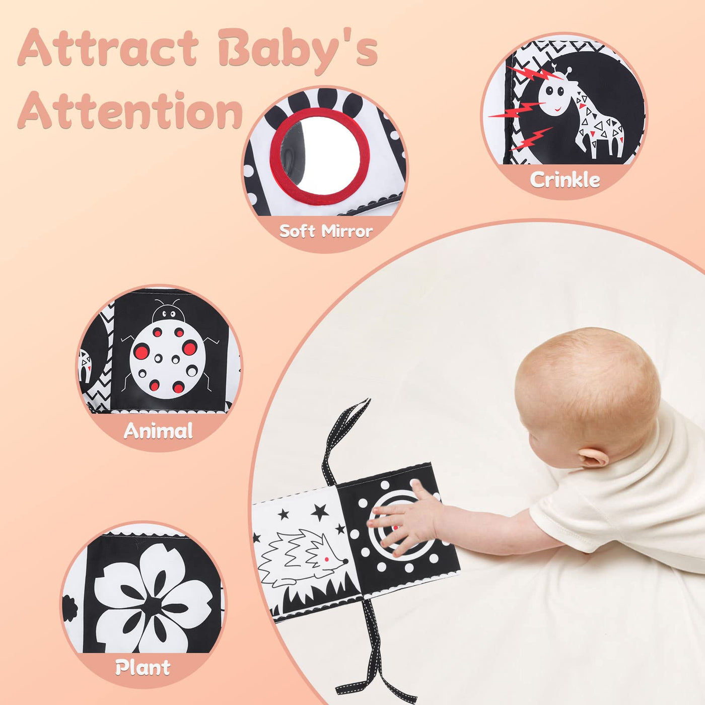 Contrast book baby,Double-sided baby fabric book, Soft picture book made of fabric, Sounding perceptual learning toy with mirror