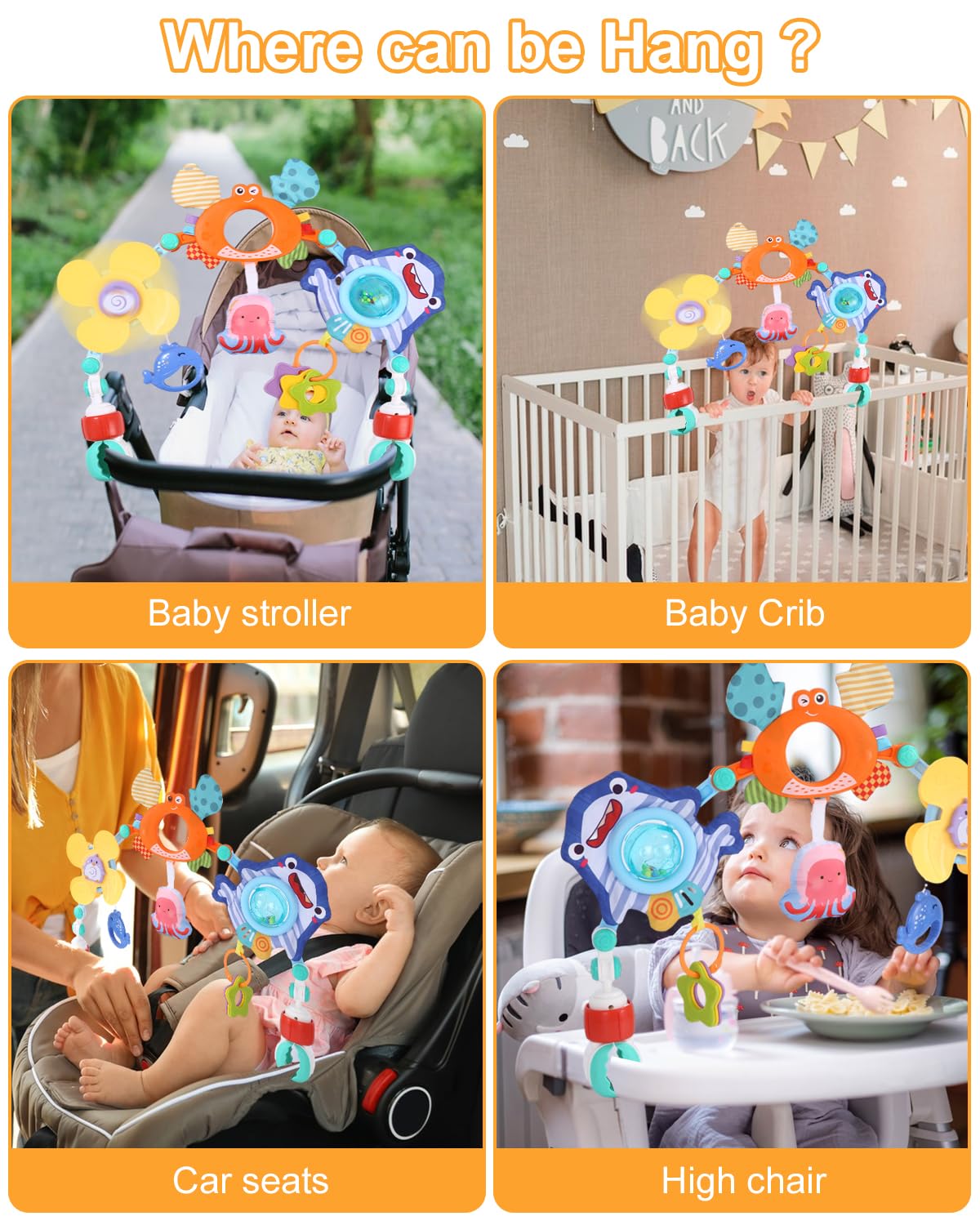 Baby carriage toy Pram chain toy Play bow Baby toy for bed, playpen, infant carrier & car seat