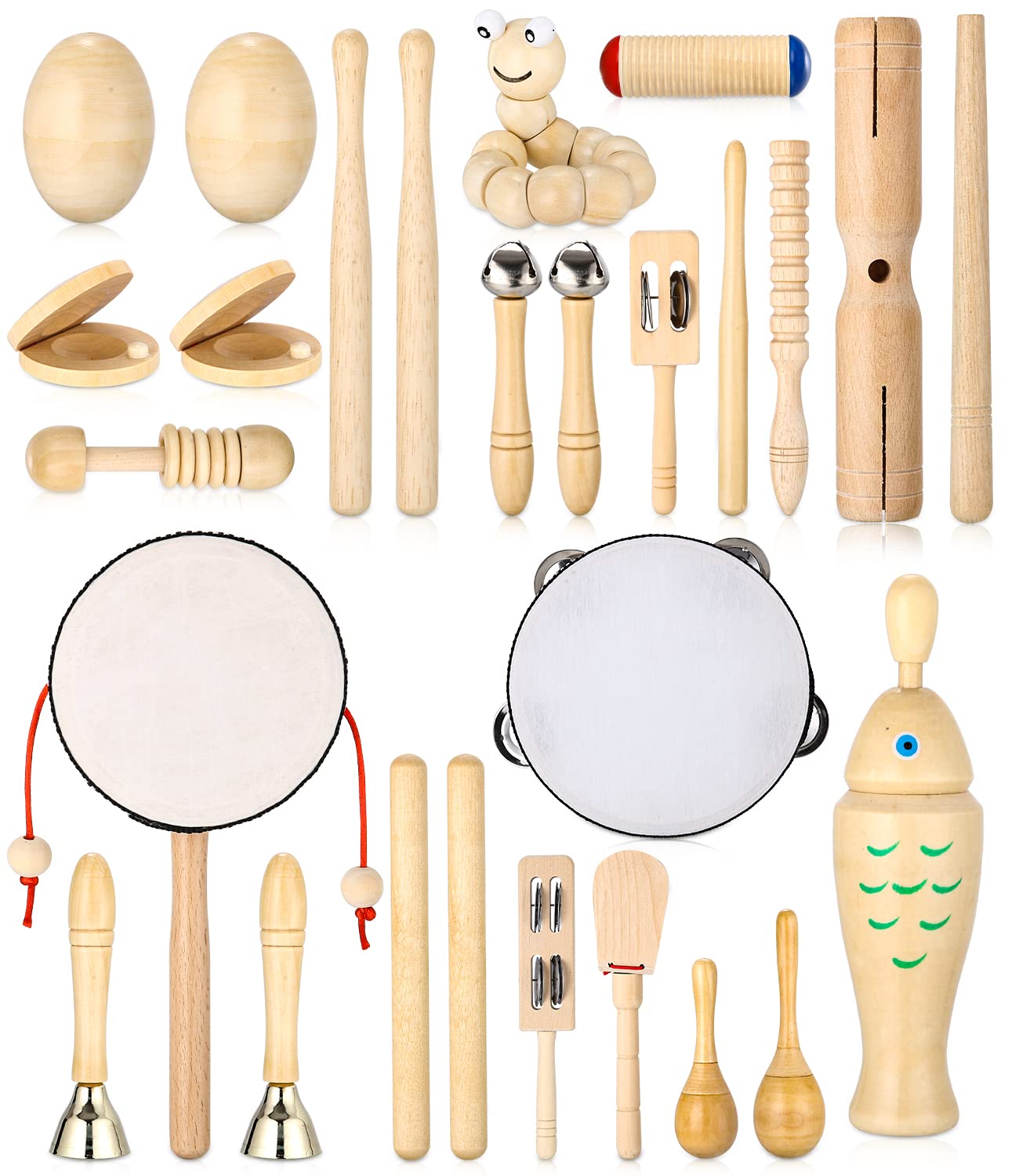 Musikinstrumente für Kinder, 29-teiliges Musikinstrumenten-Set, Kinderspielzeug ab 3 Jahren, Percussion-Spielzeug-Set aus Holz, Trommel-Rassel-Eier