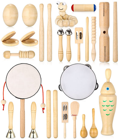 Musikinstrumente für Kinder, 29-teiliges Musikinstrumenten-Set, Kinderspielzeug ab 3 Jahren, Percussion-Spielzeug-Set aus Holz, Trommel-Rassel-Eier