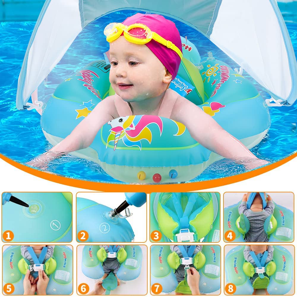 Babyschwimmring mit abnehmbarem Sonnendach, Schwimmhilfe mit verstellbaren Schultergurten, Schwimmtrainer, mit aufblasbarem Schwimmkörper