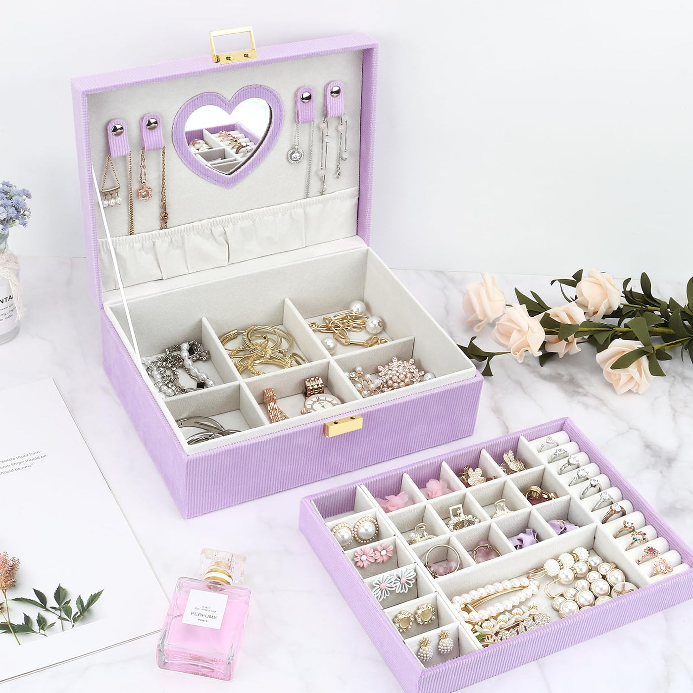 Boîte à bijoux, grande boîte à bijoux avec miroir pour boîte à bijoux en velours